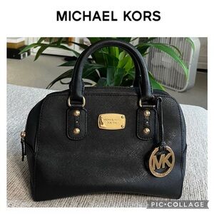 MICHAEL KORS BLACK LEATHER DOME SATCHEL 75% OFF RETAIL FREE HAT SCARF HOLDER